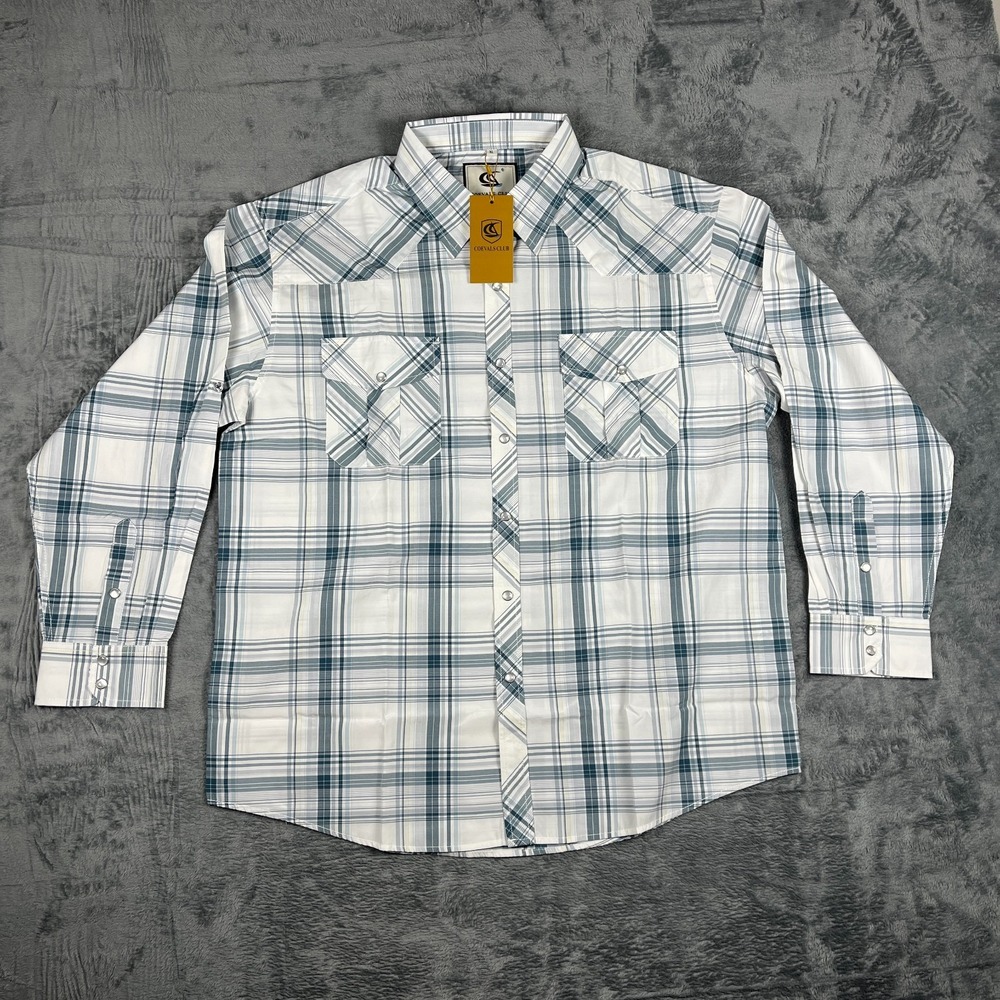 Coevals Club Western Shirt Mens XL White Gray Plaid Pearl Snap Rancher Shirt